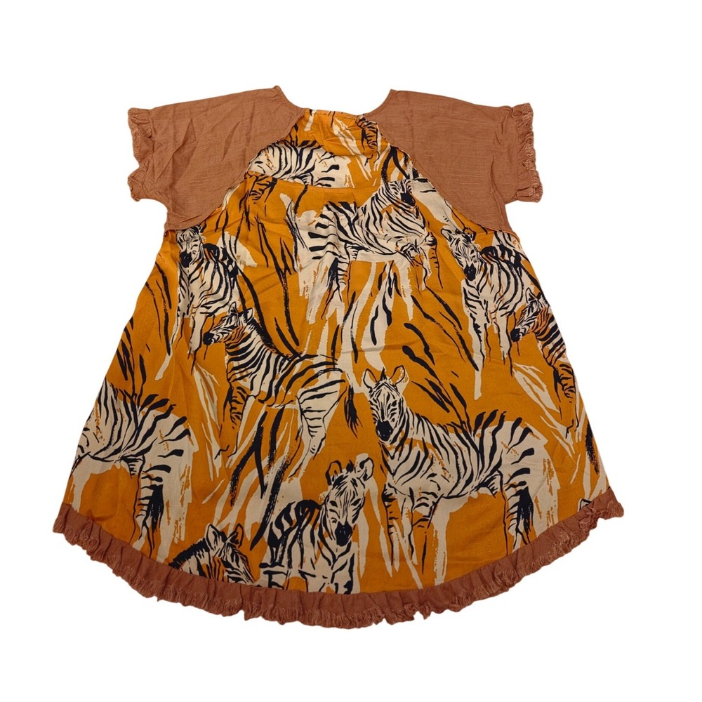 Umgee USA Zebra Print Fringe Hem Linen Blend Top Brown Mustard Small R0526